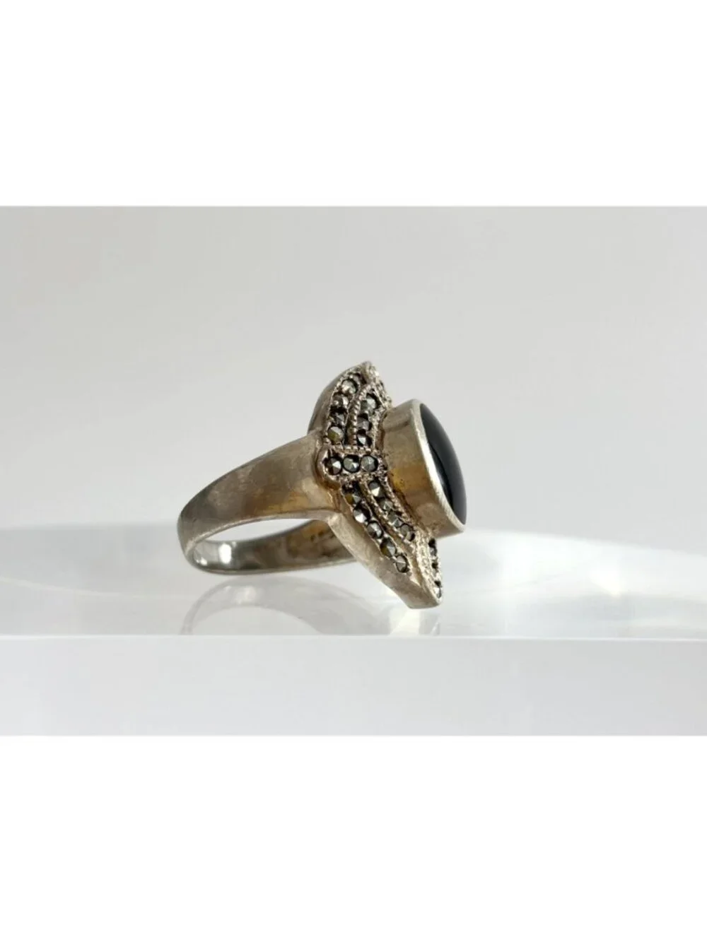 Black Onyx Marcasite Framed Art Deco Sterling Silver 925 Vintage Ring - sz 7.75